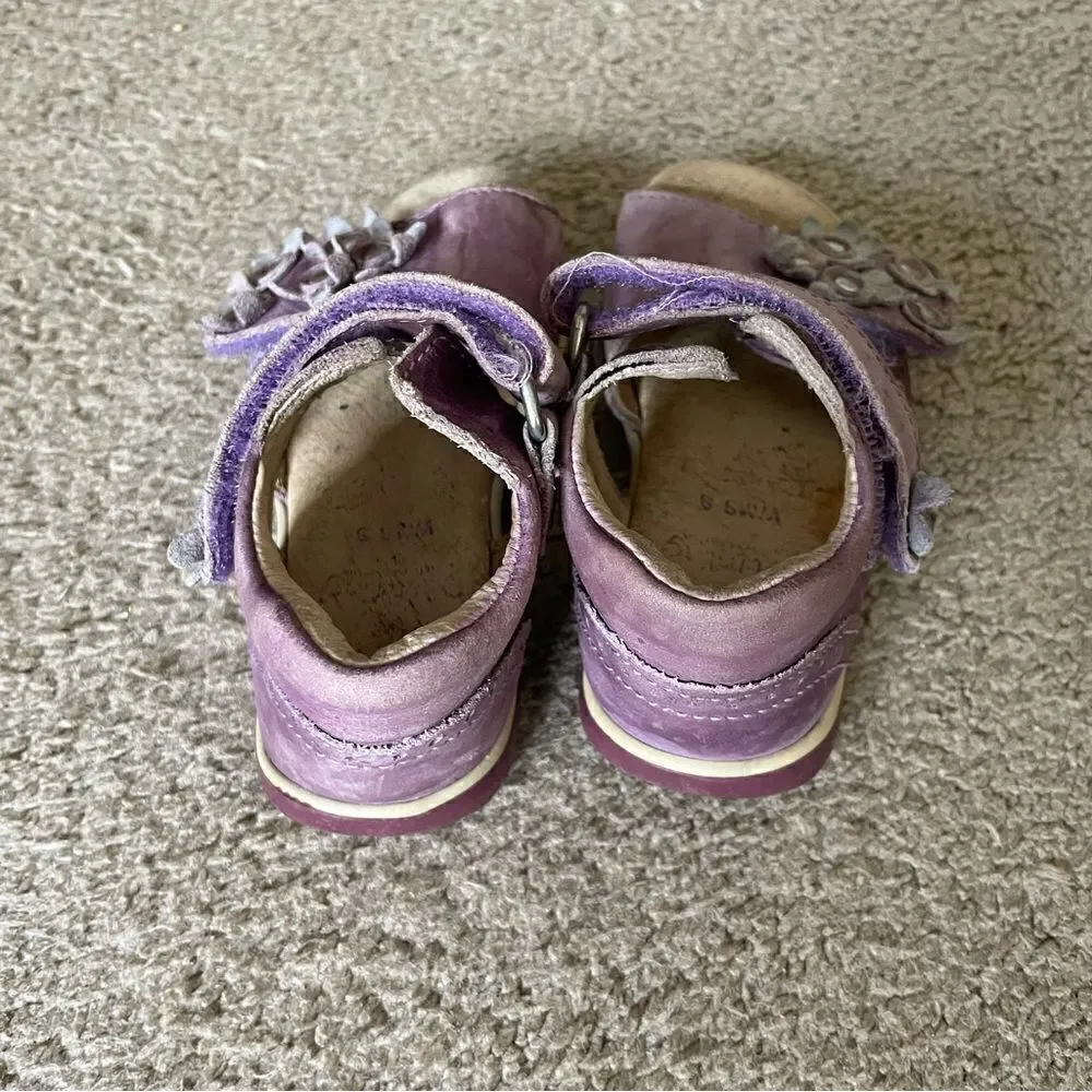 Däumling German Girl Leather Walking Learning Shoe Purple with Flowers Size 7